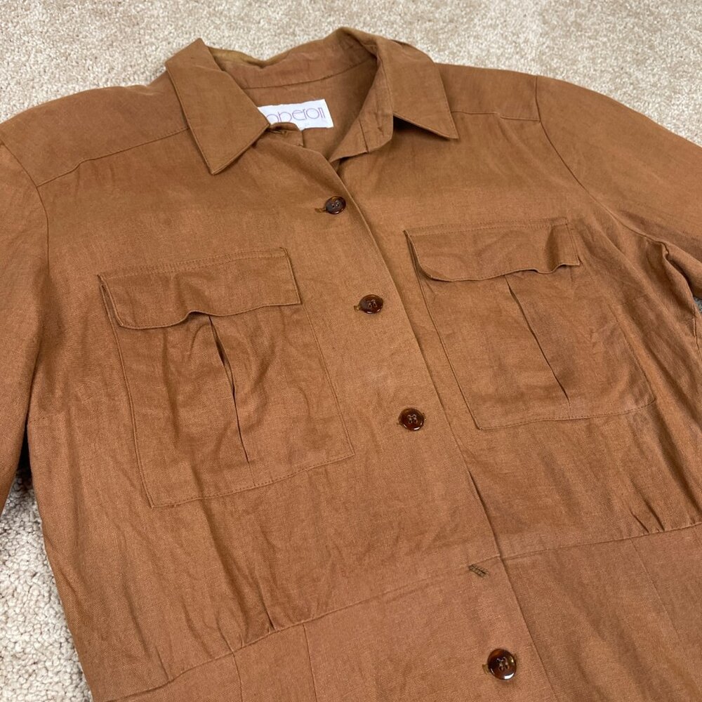Oberon Dress Women L Brown Vintage Linen Safari Maxi Modest Button Front Western - Picture 3 of 9